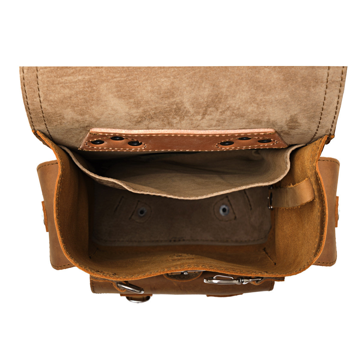 Small Front Pocket Backpack in Tobacco, top-down view into the open main compartment with an inside pocket