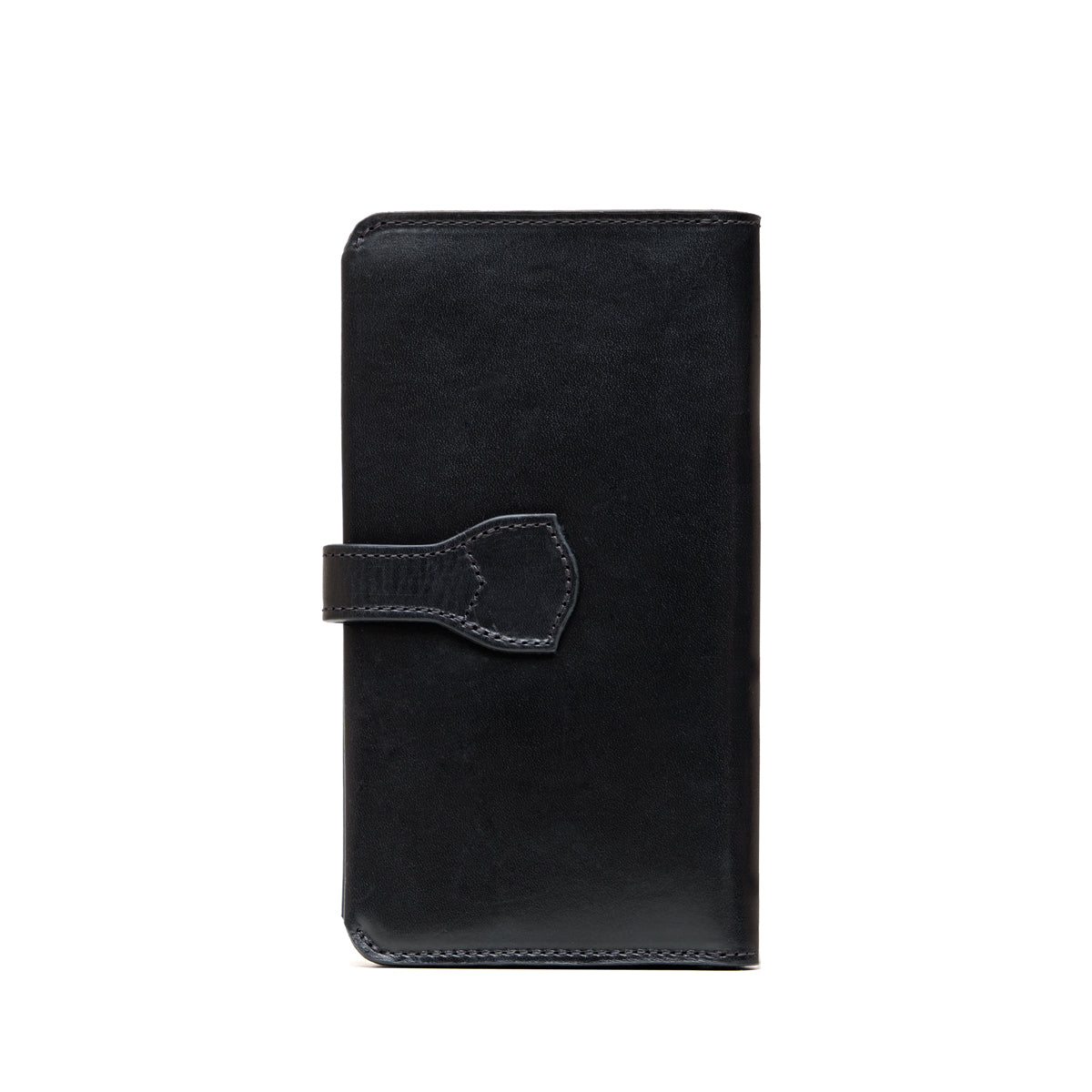 Big Wallet in Raven Black, closed back view with the strap tab wrapping around