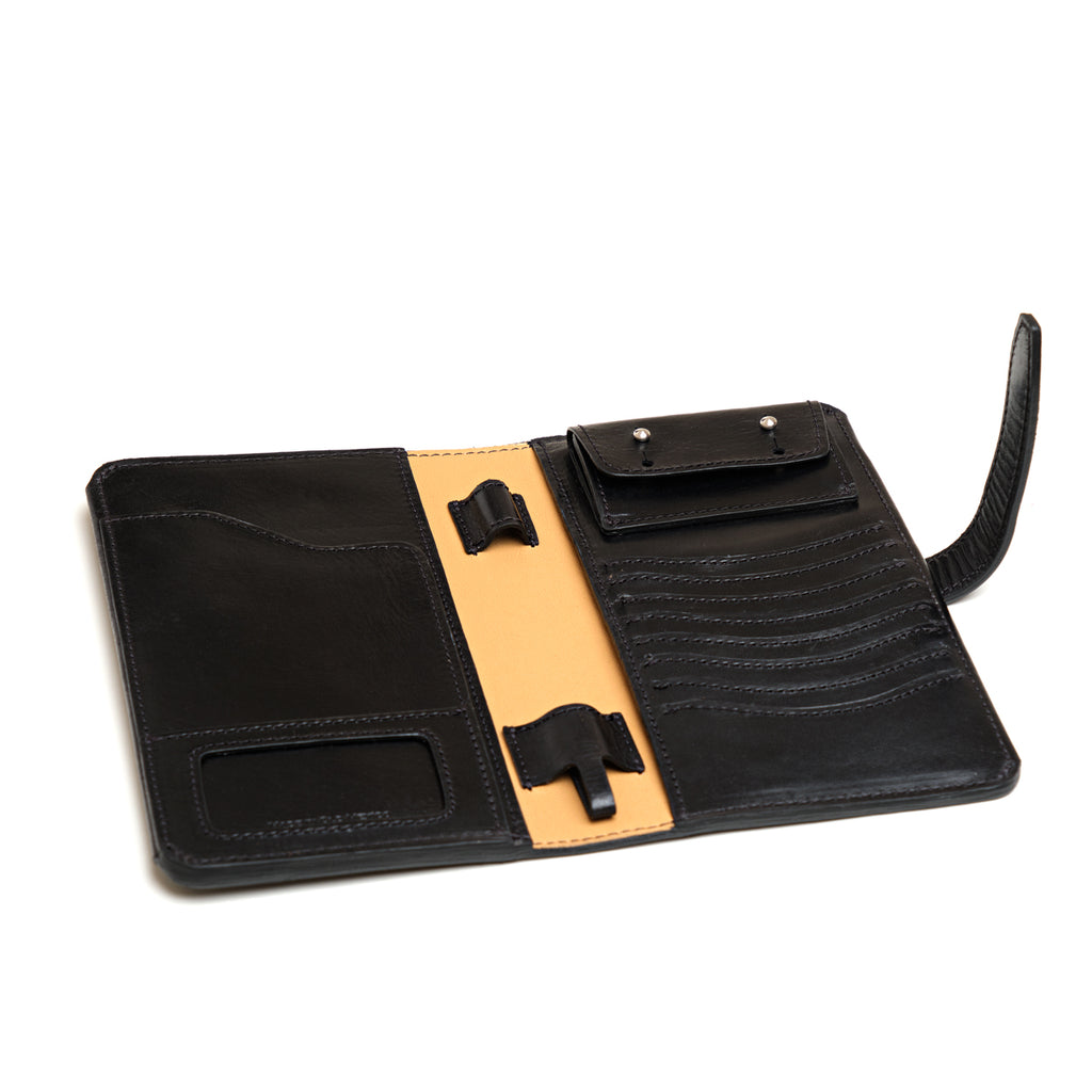 Big Wallet in Raven Black, fully open showing card slots, ID window, snap pocket and pen loops