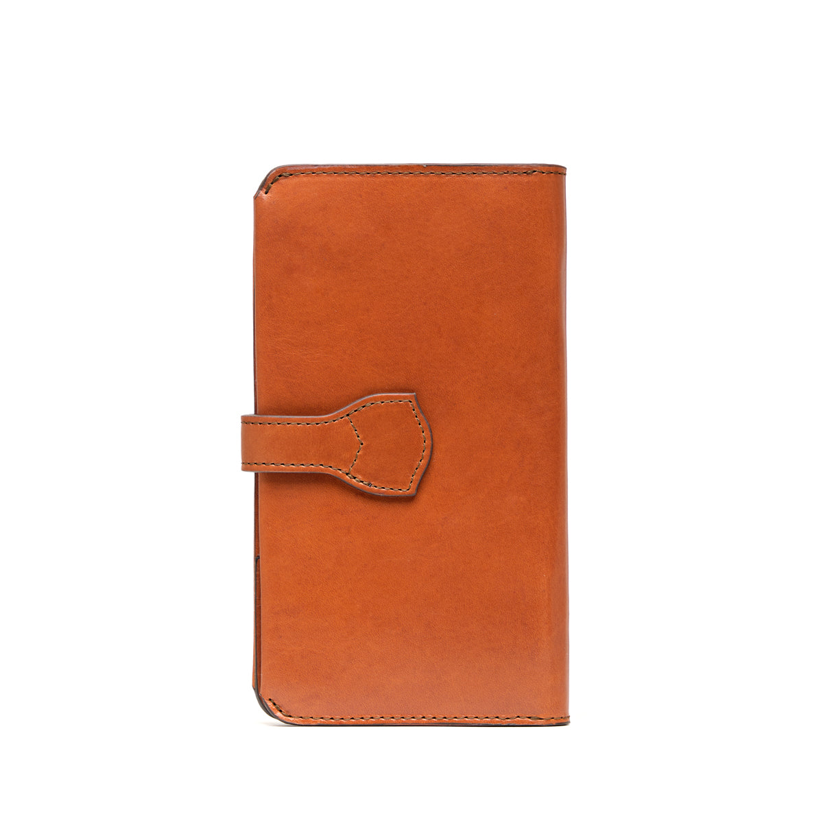 Big Wallet in English Tan, closed back view with the strap tab wrapping around
