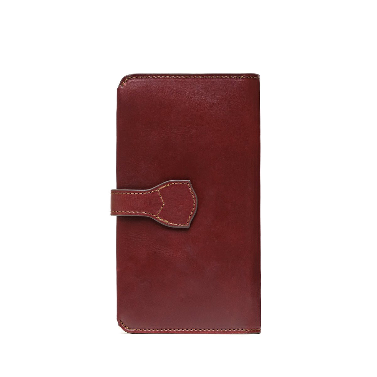 Big Wallet in Oxblood, closed back view with the strap tab wrapping around