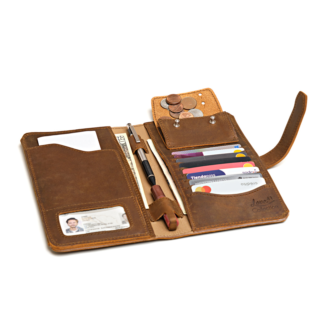 New Big Wallet in Tobacco, open view filled with cards, cash, coins, pen and ID