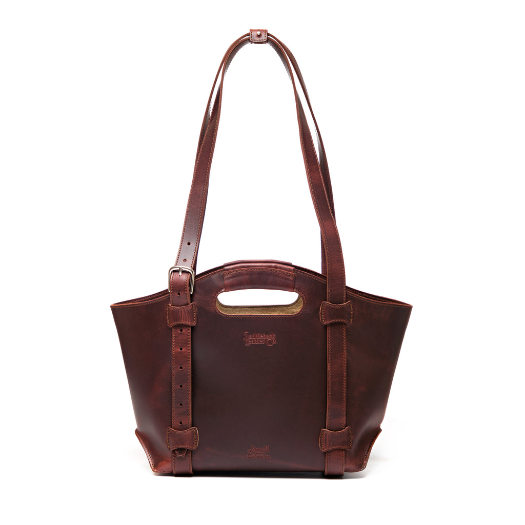 Original Tote in Chestnut, front view showing cutout handle and buckled shoulder straps