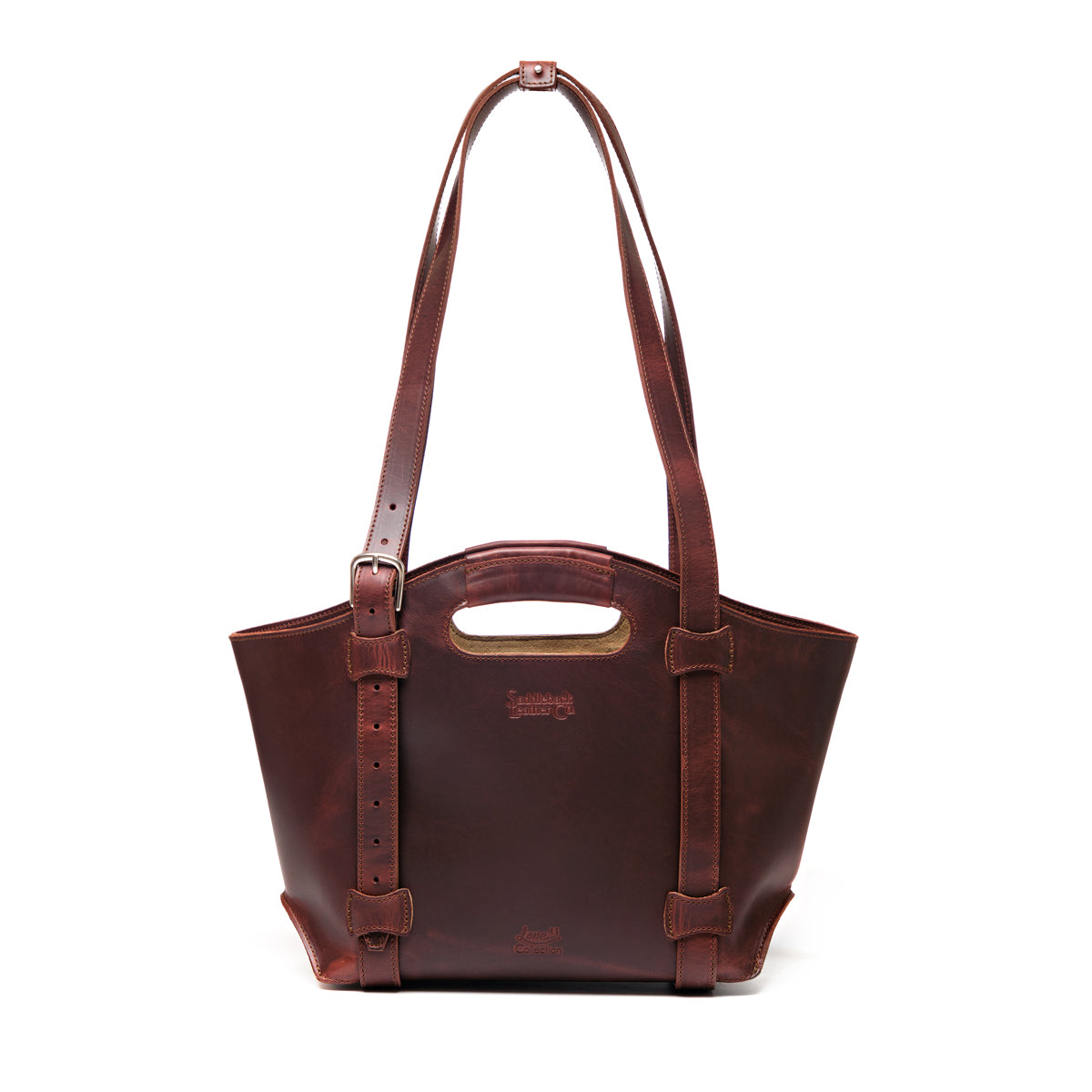 Original Tote in Chestnut, front view showing cutout handle and buckled shoulder straps