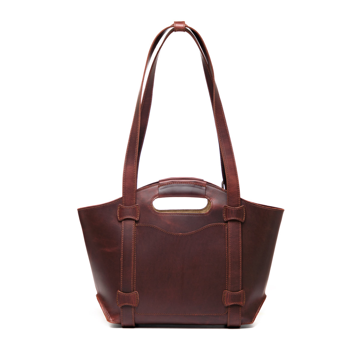 Original Tote in Chestnut, back view with cutout handle, shoulder straps and back slip pocket
