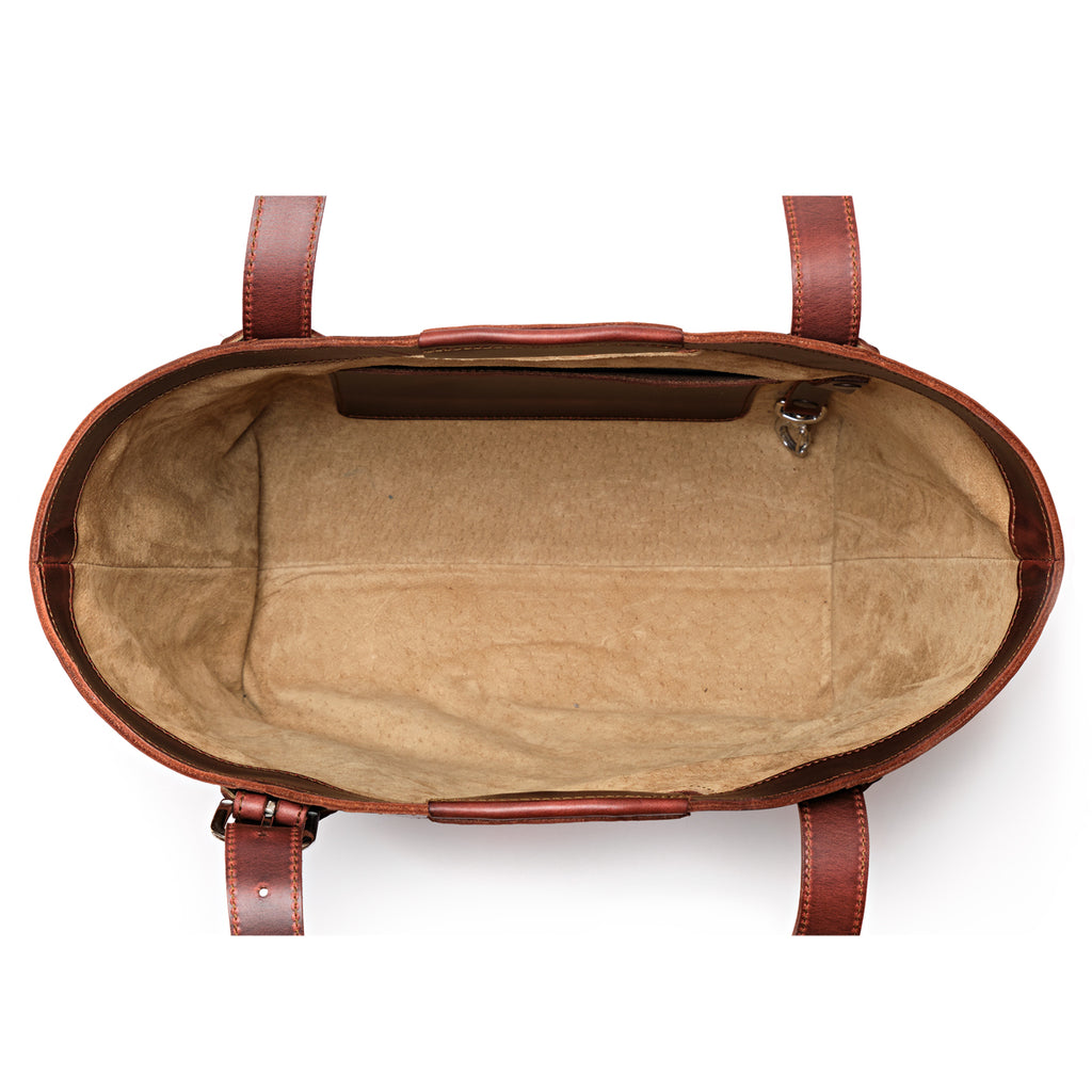 Original Tote in Chestnut, top-down view of empty canvas-lined interior with slip pocket and key clip