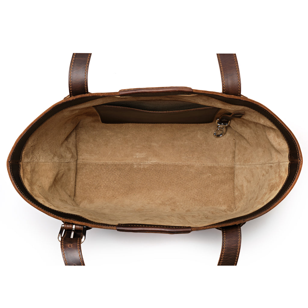 Original Tote in Dark Coffee Brown, top-down view of empty canvas-lined interior with slip pocket and key clip