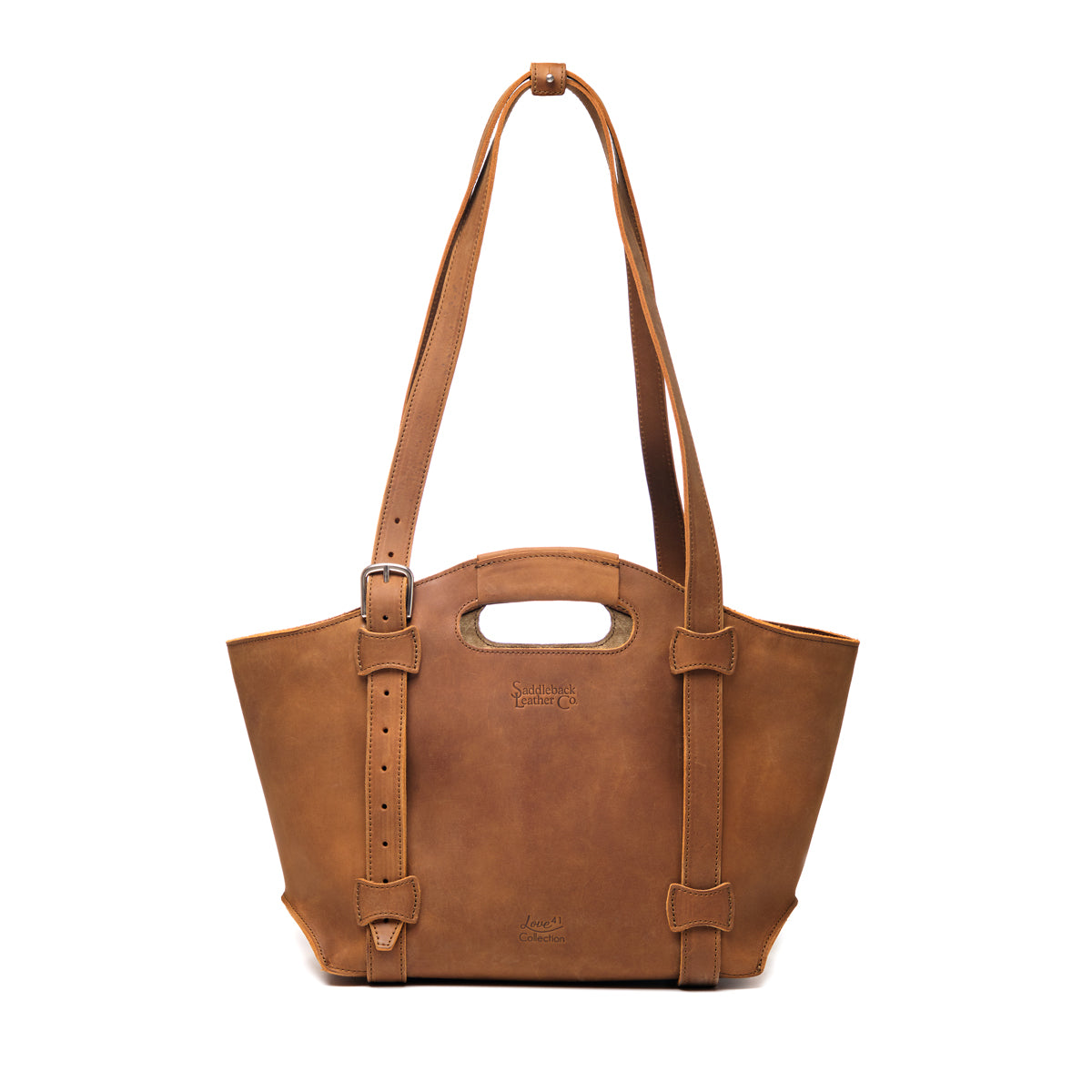 Original Tote in Tobacco, front view showing cutout handle and buckled shoulder straps