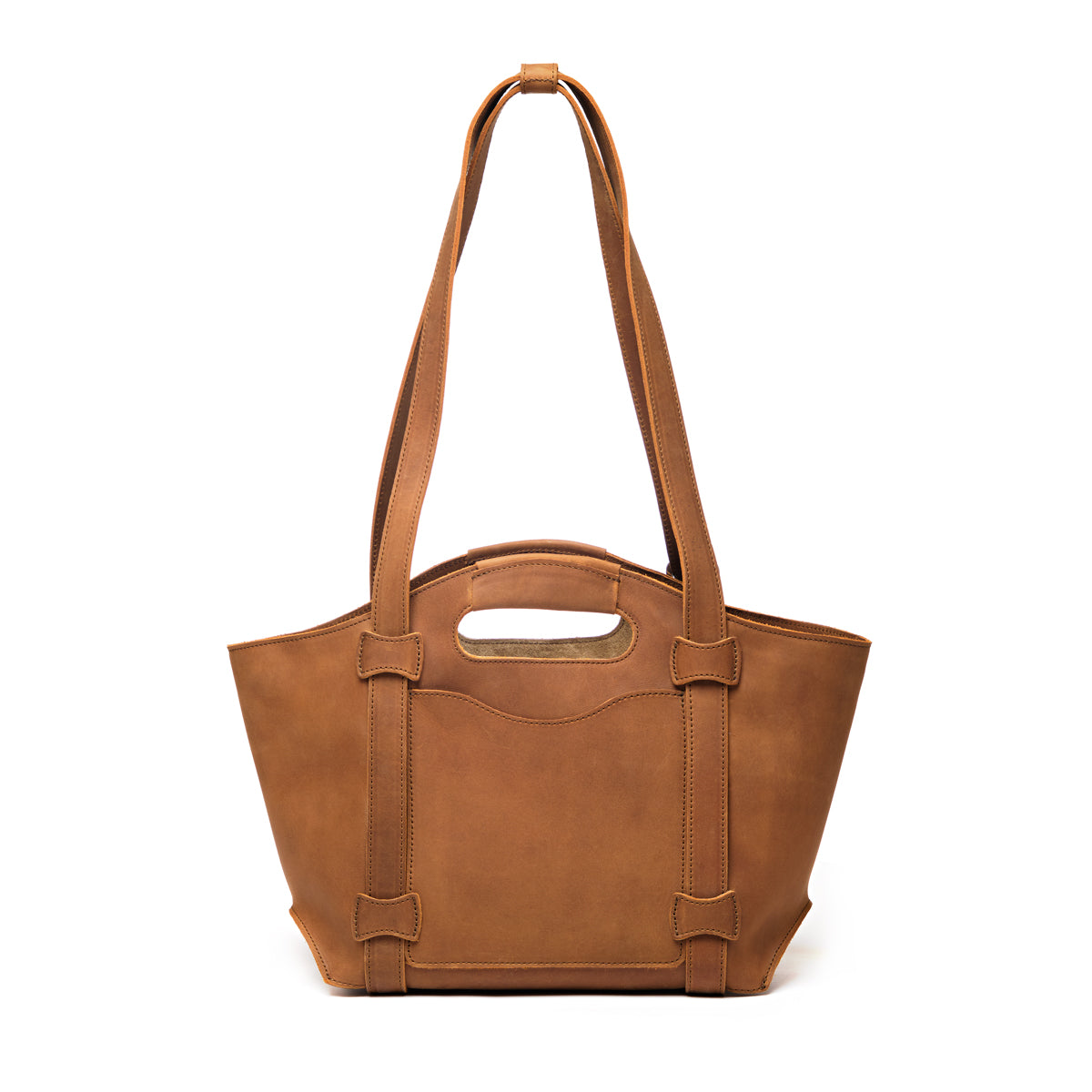 Original Tote in Tobacco, back view with cutout handle, shoulder straps and back slip pocket