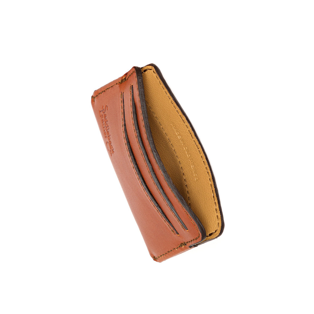 Silverback Front Pocket Leather ID Wallet in English Tan, fanned open to show card slots and interior
