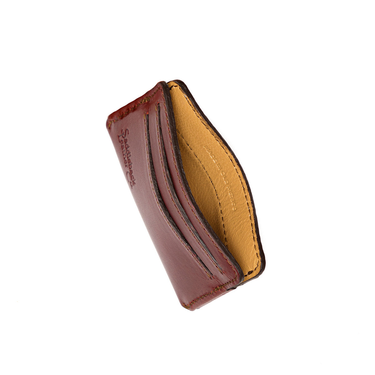 Silverback Front Pocket Leather ID Wallet in Oxblood, fanned open to show card slots and tan interior