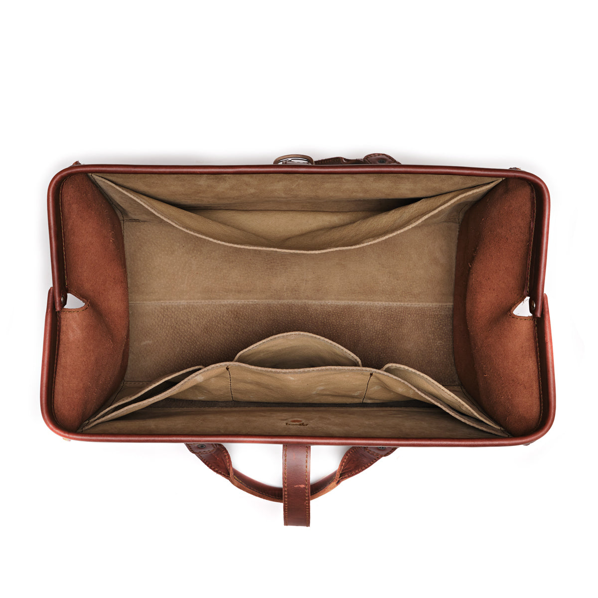 Leather Range and Tool Bag in Chestnut, top view open and empty showing the lined interior and slip pockets
