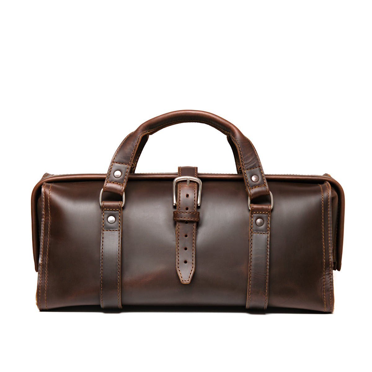 Leather Range and Tool Bag in Dark Coffee Brown, front view with top handles, center buckle strap and frame opening