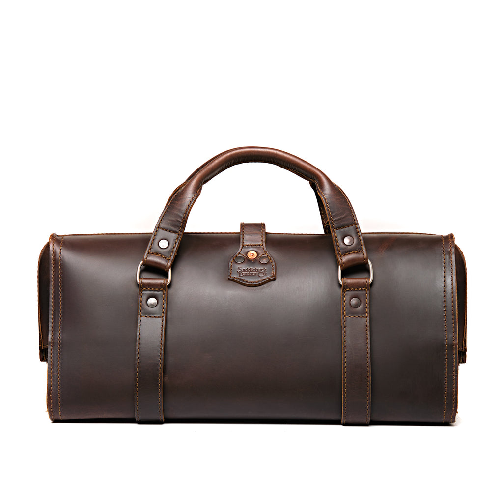Leather Range and Tool Bag in Dark Coffee Brown, back view with top handles and riveted strap tab