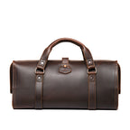 Leather Range and Tool Bag in Dark Coffee Brown, back view with top handles and riveted strap tab