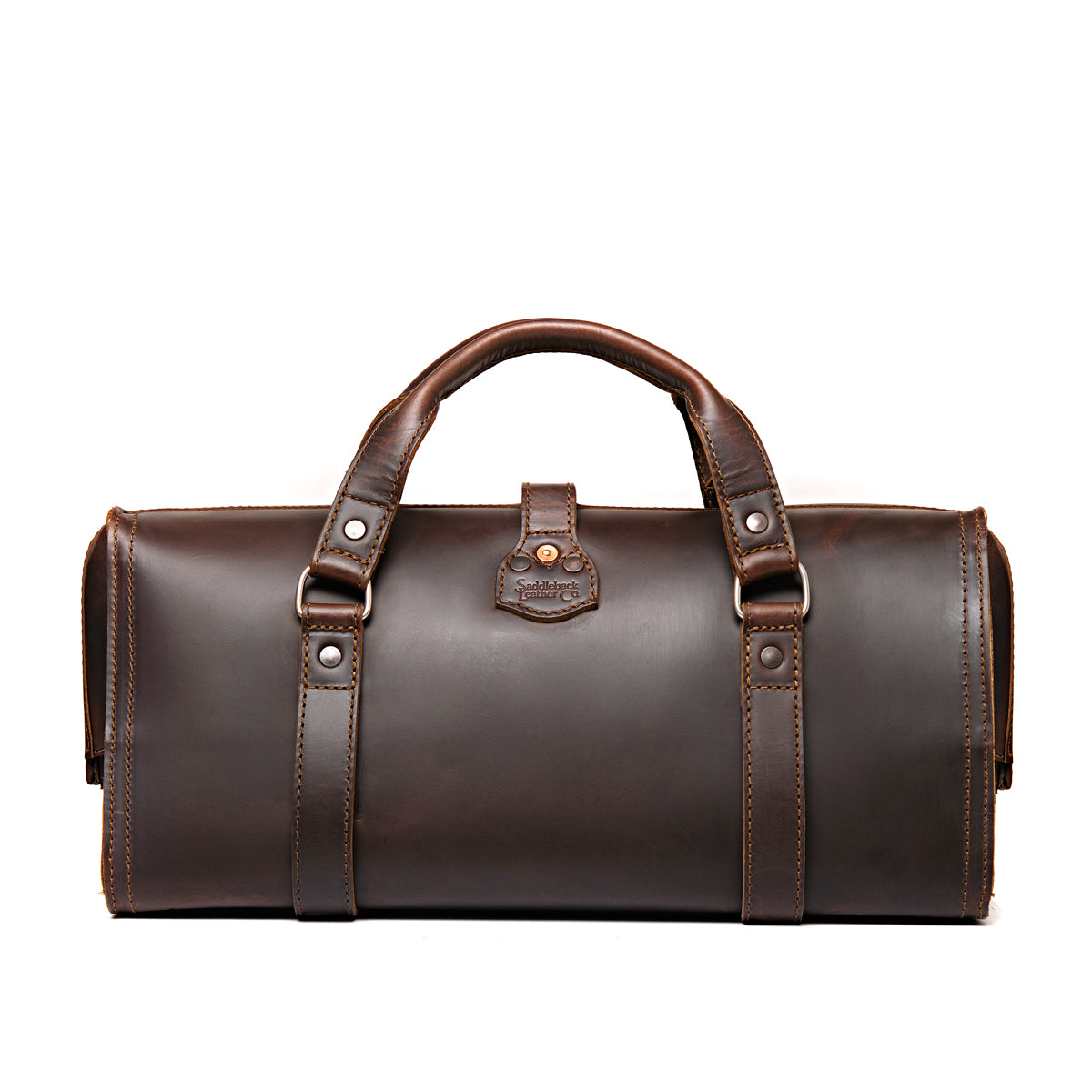 Leather Range and Tool Bag in Dark Coffee Brown, back view with top handles and riveted strap tab