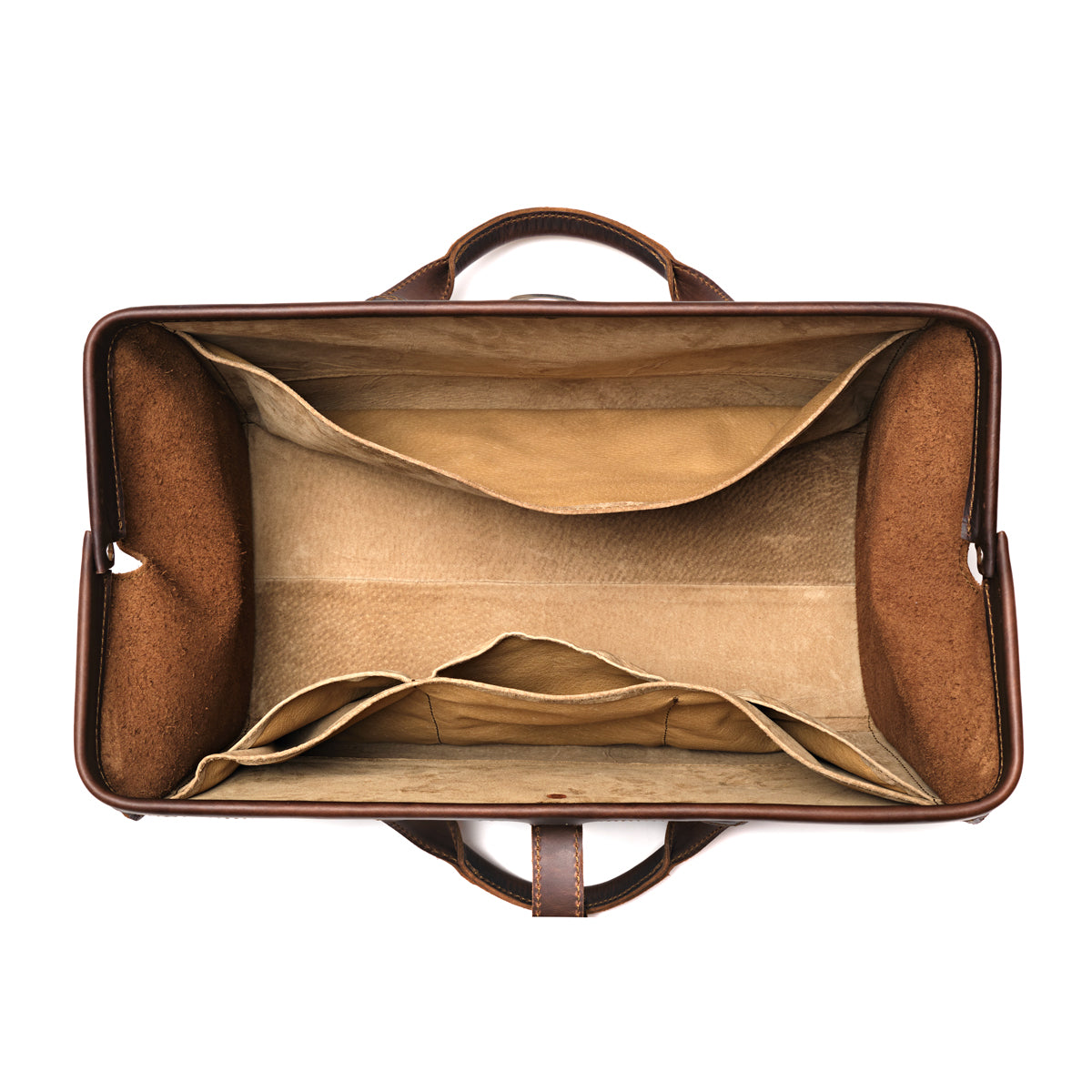Leather Range and Tool Bag in Dark Coffee Brown, top view open and empty showing the lined interior and slip pockets