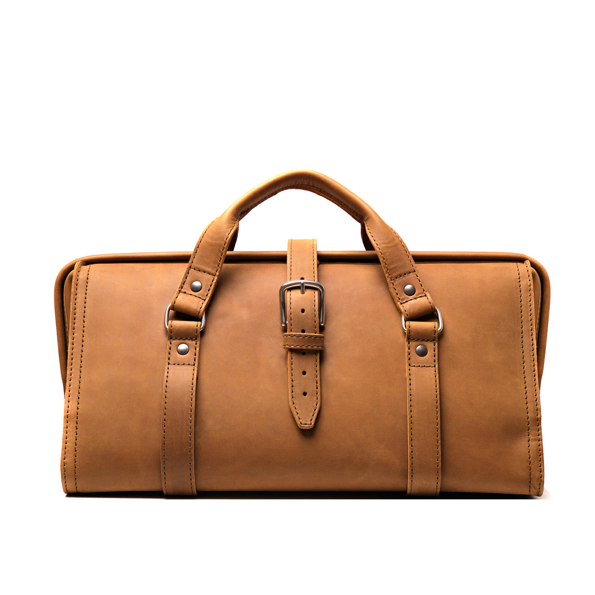 Leather Range and Tool Bag in Tobacco, front view with top handles, center buckle strap and frame opening