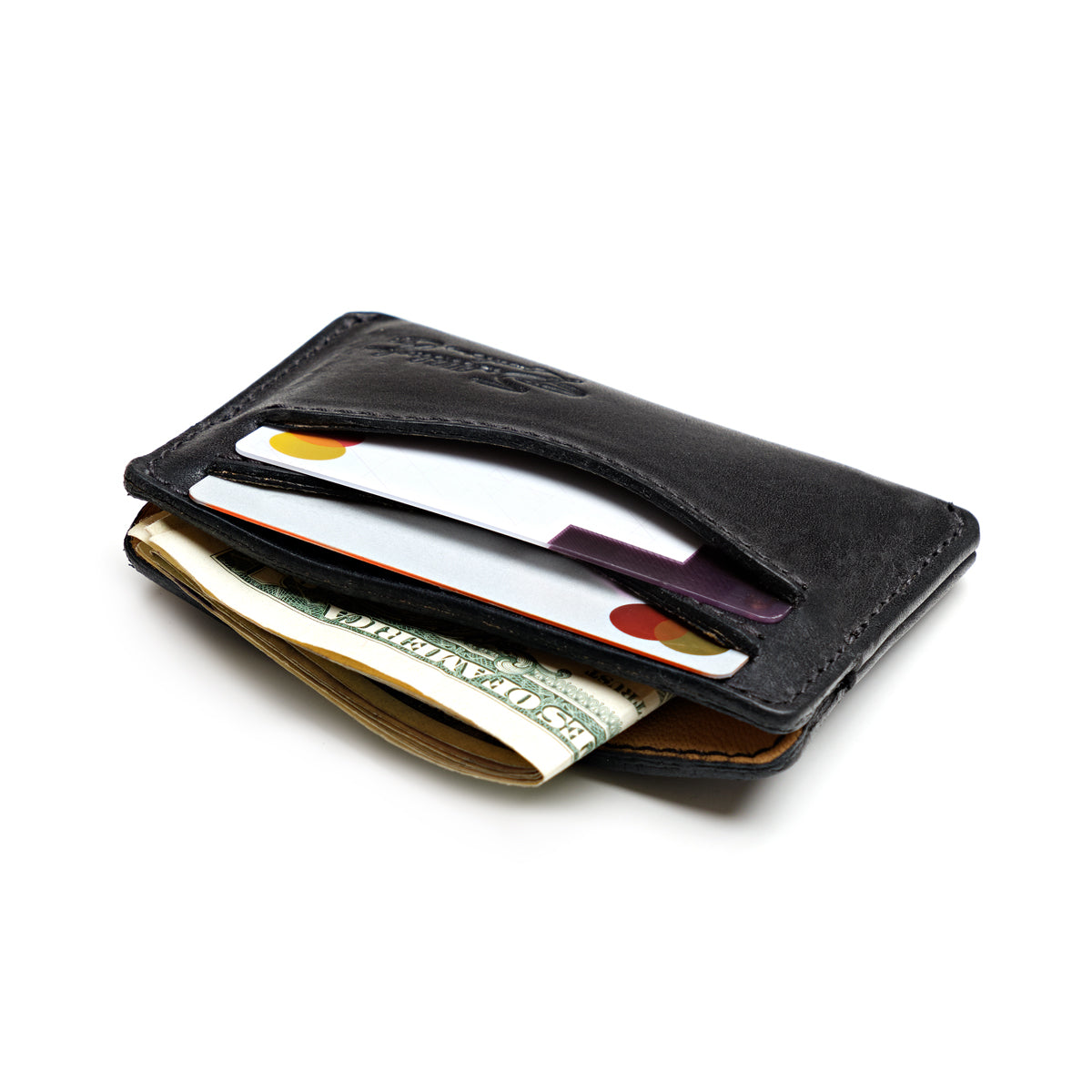 Newton Wallet in Raven Black loaded with cards in the slots and folded cash in the center pocket