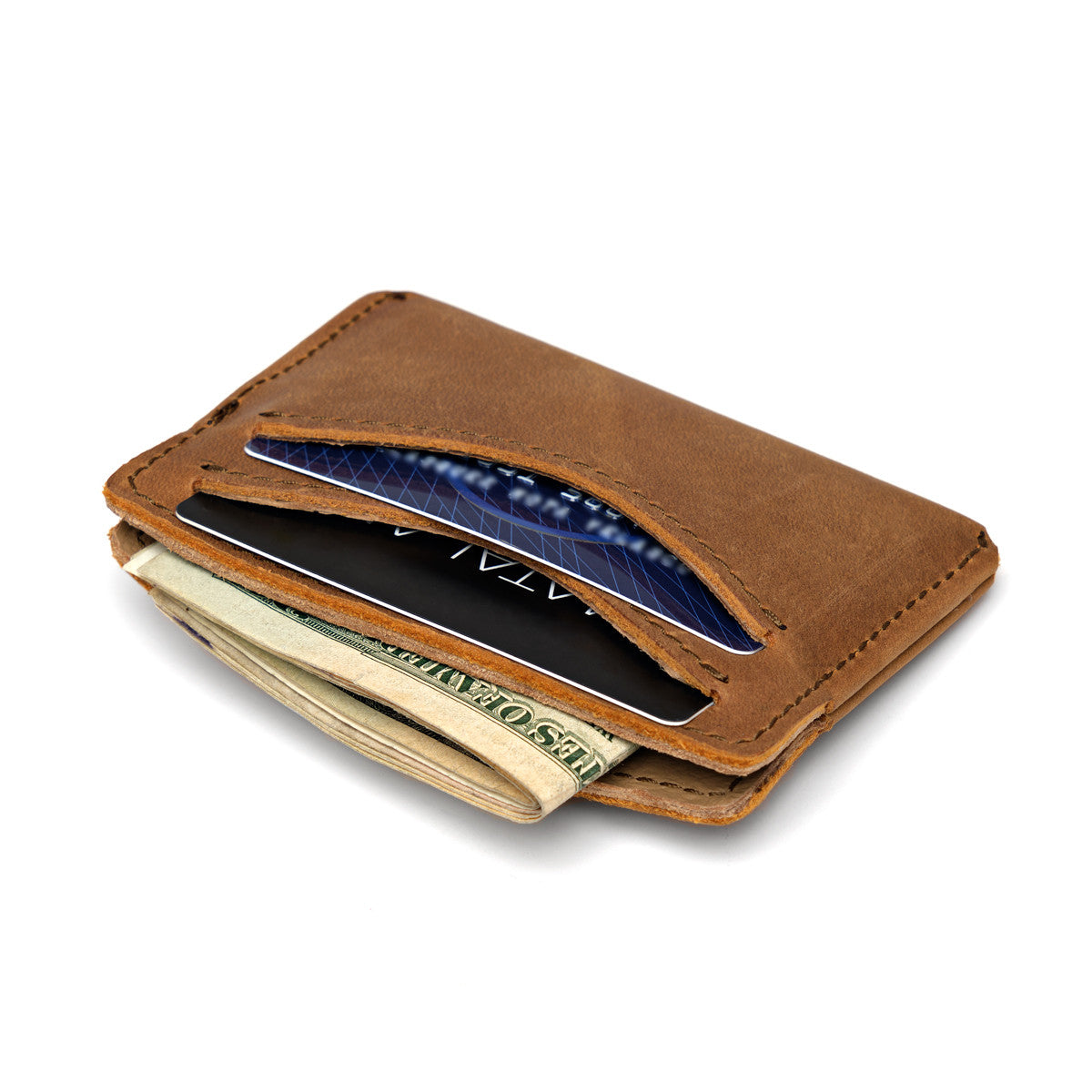 Newton Wallet in Tobacco, angled view holding cards and folded cash