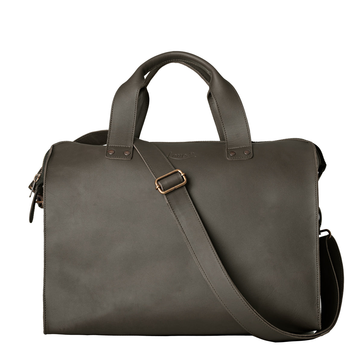 Simple Overnight Leather Duffle Bag in Black, front view with top handles and shoulder strap