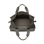 Simple Overnight Leather Duffle Bag in Black, unzipped top showing the empty leather interior and slip pocket