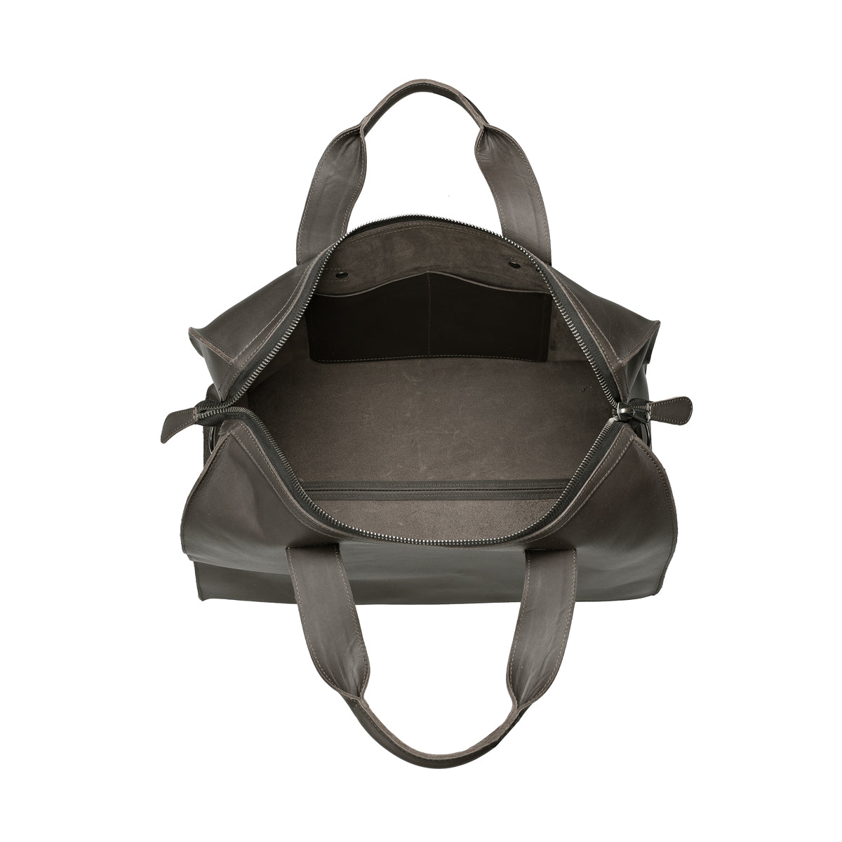 Simple Overnight Leather Duffle Bag in Black, unzipped top showing the empty leather interior and slip pocket