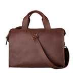 Simple Overnight Leather Duffle Bag in Chestnut, front view with top handles and shoulder strap