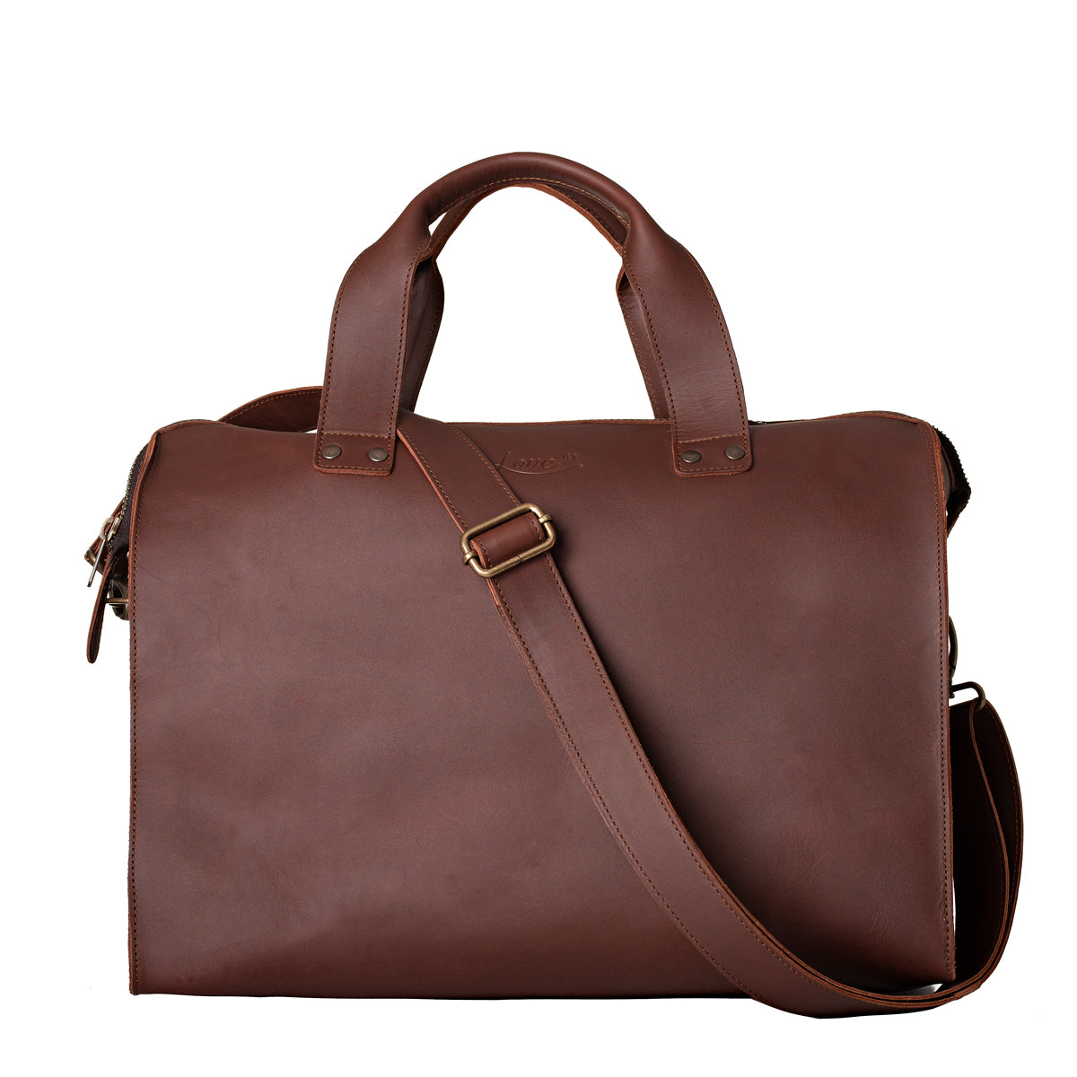 Simple Overnight Leather Duffle Bag in Chestnut, front view with top handles and shoulder strap