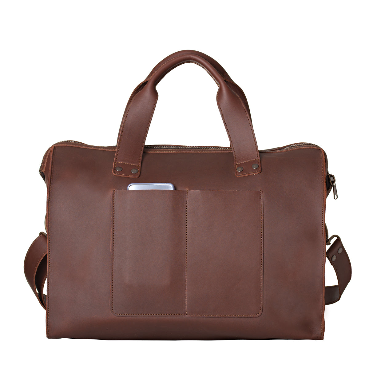Simple Overnight Leather Duffle Bag in Chestnut, back view with exterior slip pockets holding a phone