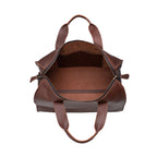 Simple Overnight Leather Duffle Bag in Chestnut, unzipped top showing the empty leather interior and slip pocket