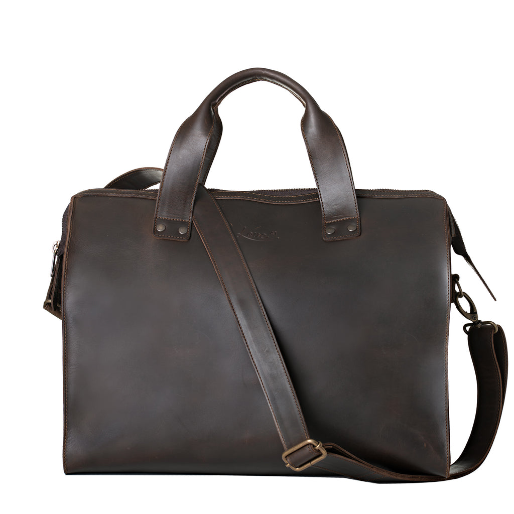 Simple Overnight Leather Duffle Bag in Dark Coffee Brown, front view with top handles and shoulder strap