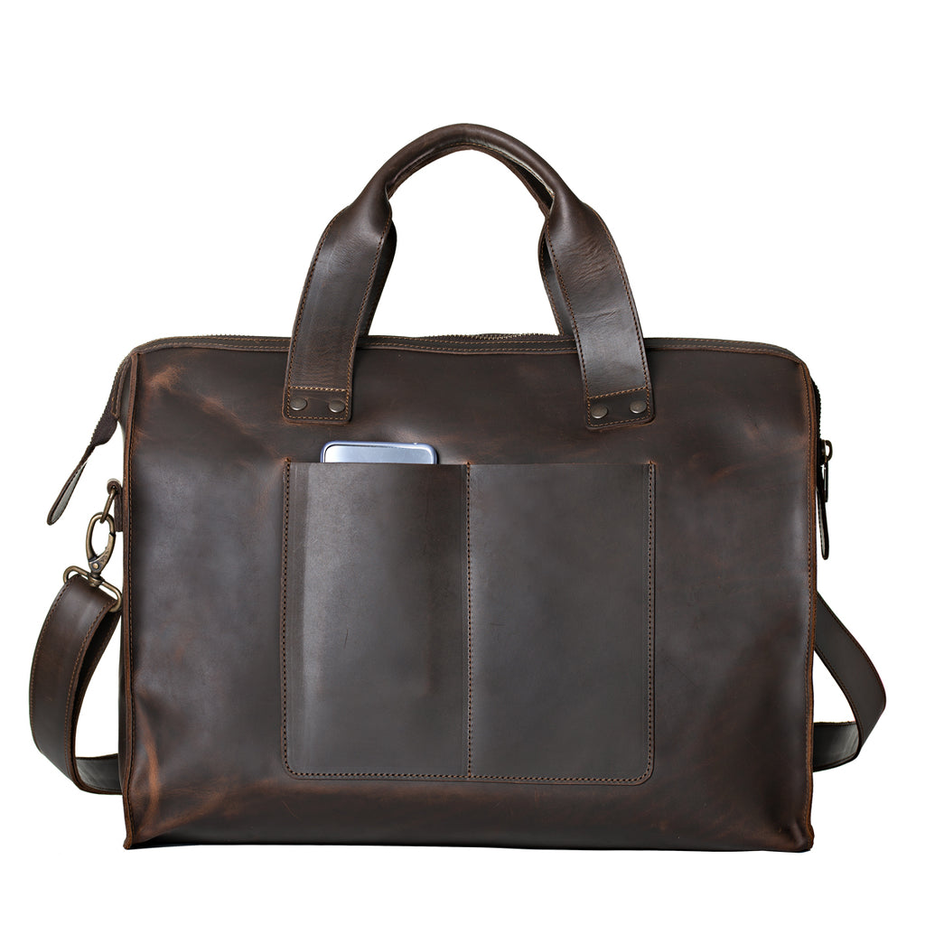 Simple Overnight Leather Duffle Bag in Dark Coffee Brown, back view with exterior slip pockets holding a phone