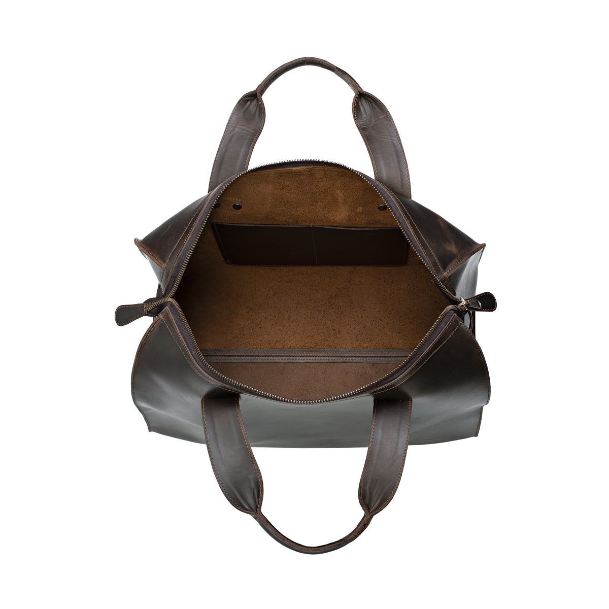 Simple Overnight Leather Duffle Bag in Dark Coffee Brown, unzipped top showing the empty leather interior and slip pocket