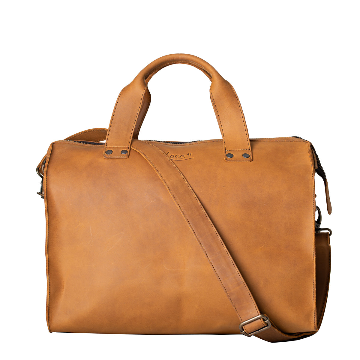 Simple Overnight Leather Duffle Bag in Tobacco, front view with top handles and shoulder strap
