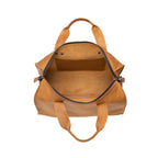 Simple Overnight Leather Duffle Bag in Tobacco, unzipped top showing the empty leather interior and slip pocket
