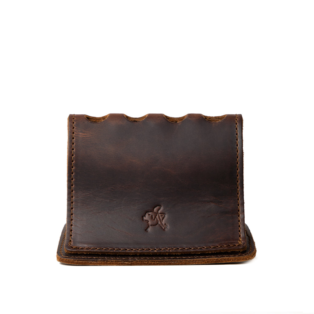 Pen Holder Bell Curve in Dark Coffee Brown leather, empty back view with scalloped top and embossed pig logo