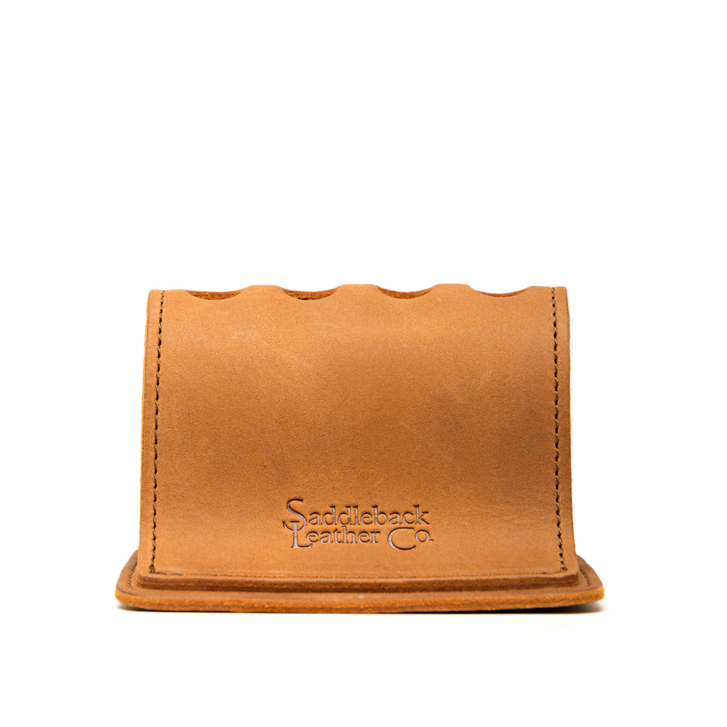 Pen Holder Bell Curve in Tobacco leather, empty front view showing the scalloped top and embossed Saddleback Leather Co. logo