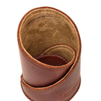 Pen Cup in Chestnut leather, close-up top view of the spiral wrap, stitched edges and suede interior