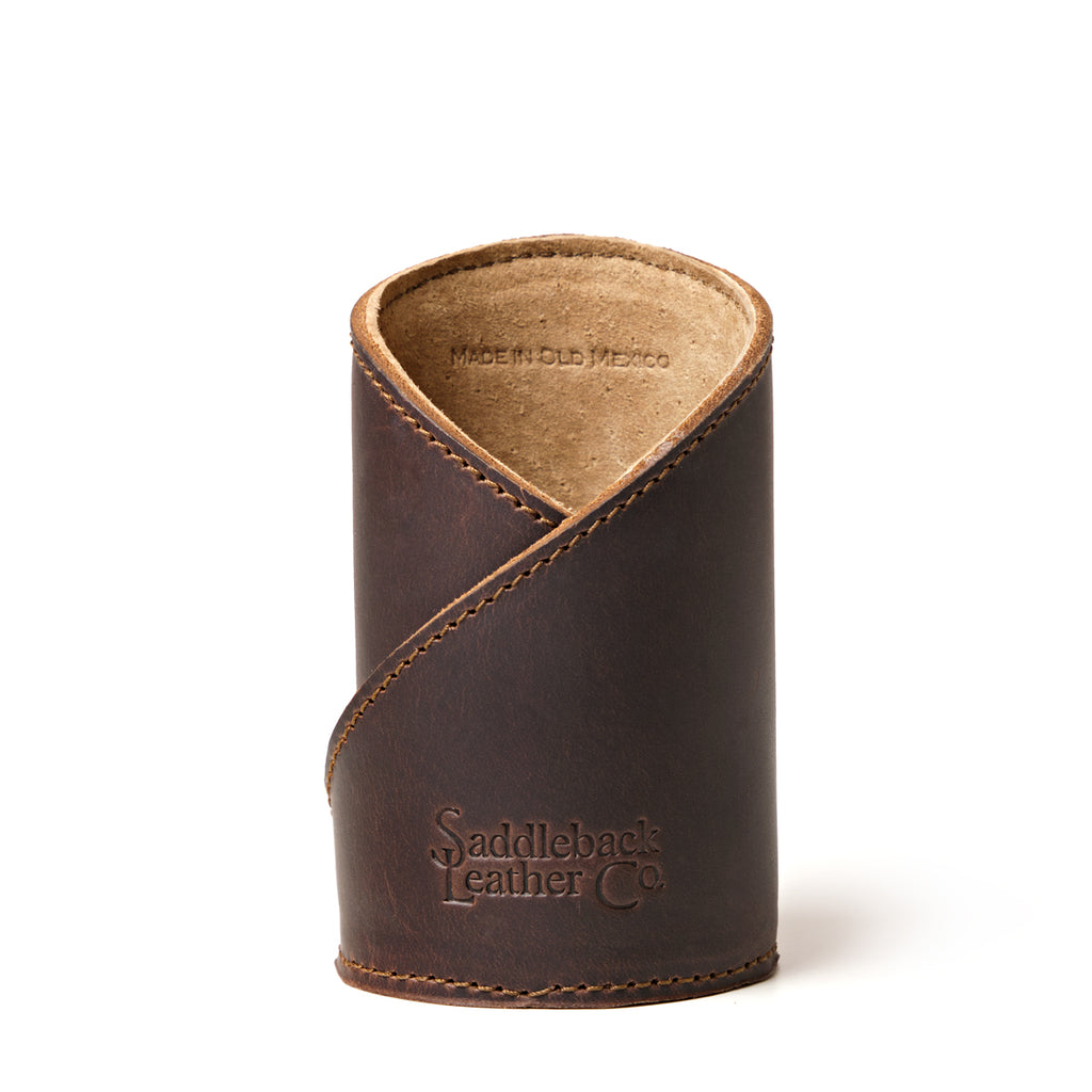 Pen Cup in Dark Coffee Brown leather, front view with large embossed Saddleback Leather Co. logo and crossed stitched wrap