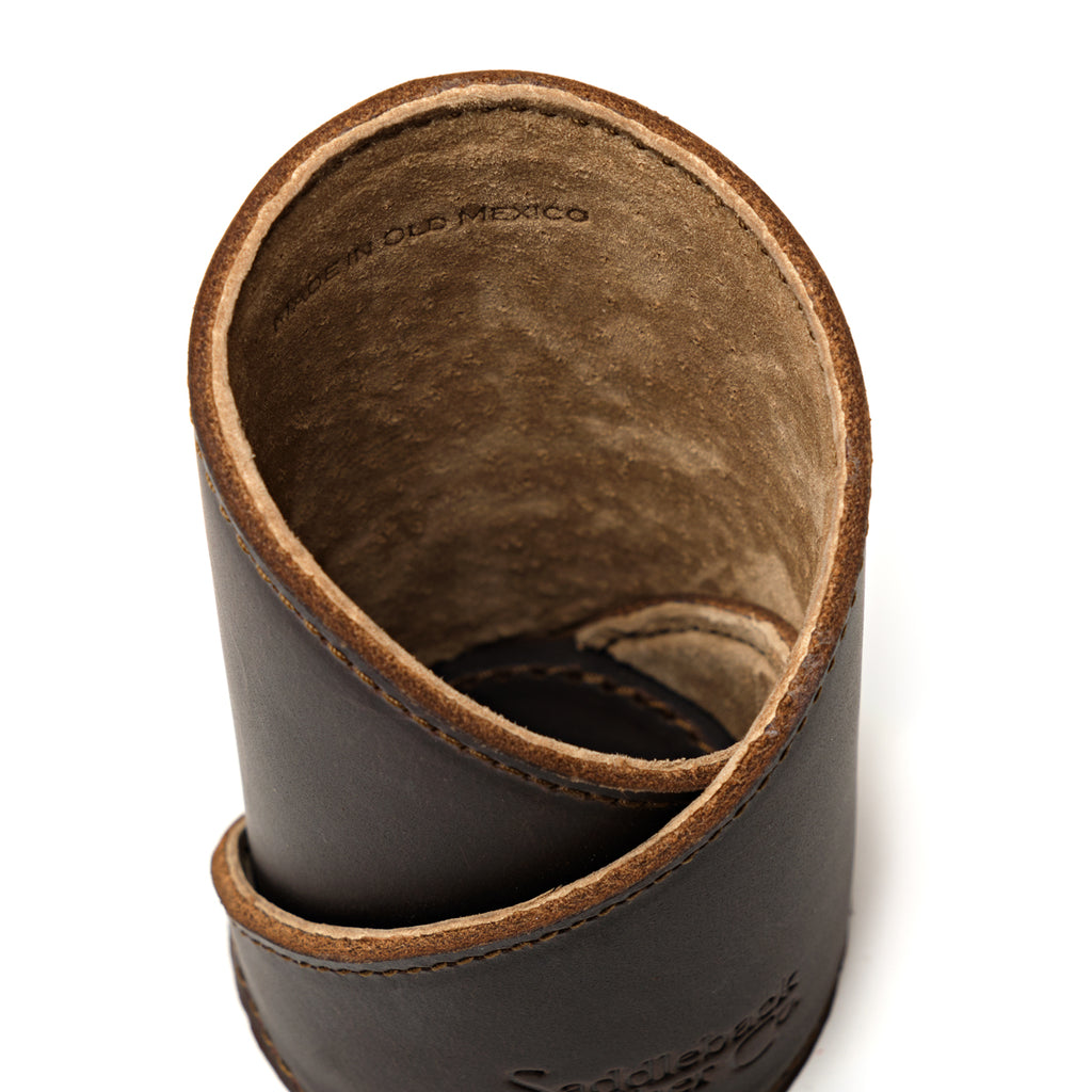 Pen Cup in Dark Coffee Brown leather, close-up top view of the spiral wrap, stitched edges and suede interior