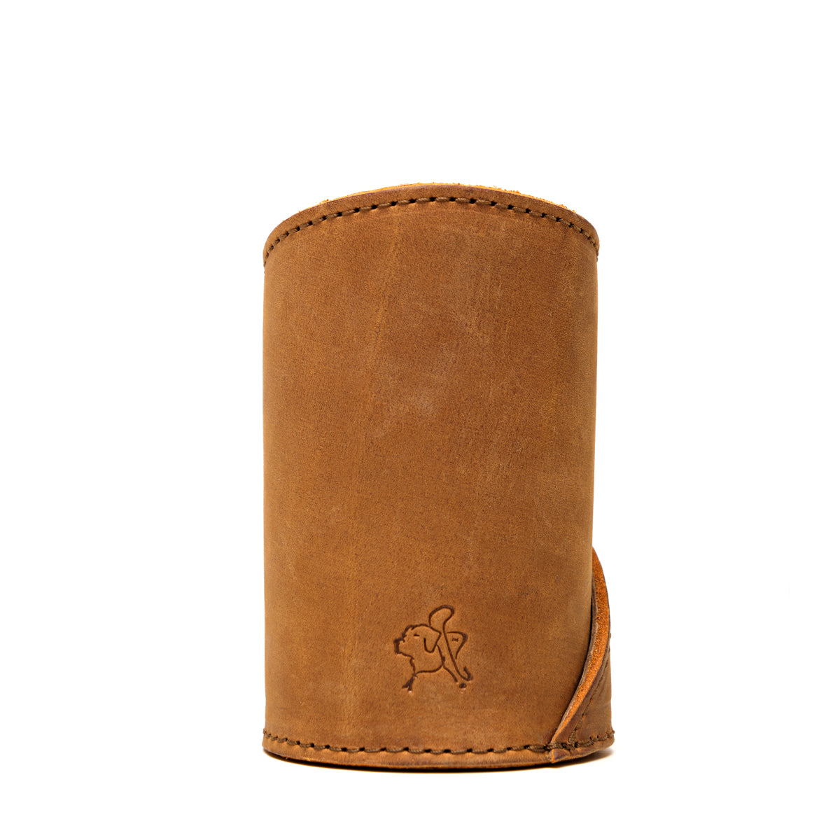 Pen Cup in Tobacco leather, back view of the empty cup with embossed pig logo and stitched edges