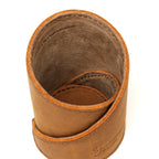Pen Cup in Tobacco leather, close-up top view of the spiral wrap, stitched edges and suede interior