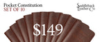 Pocket Declaration/Constitution Set of 10 in Chestnut fanned out, banner reading Pocket Constitution Set of 10, $149