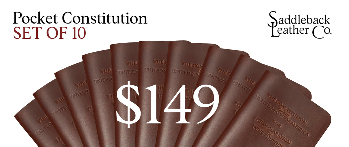Pocket Declaration/Constitution Set of 10 in Chestnut fanned out, banner reading Pocket Constitution Set of 10, $149