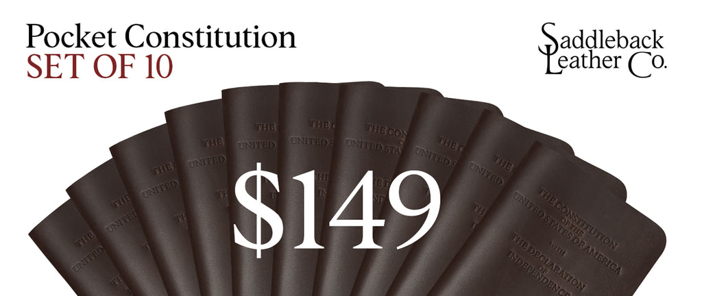 Pocket Declaration/Constitution Set of 10 in Dark Coffee Brown fanned out, banner reading Pocket Constitution Set of 10, $149