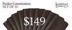 Pocket Declaration/Constitution Set of 10 in Dark Coffee Brown fanned out, banner reading Pocket Constitution Set of 10, $149