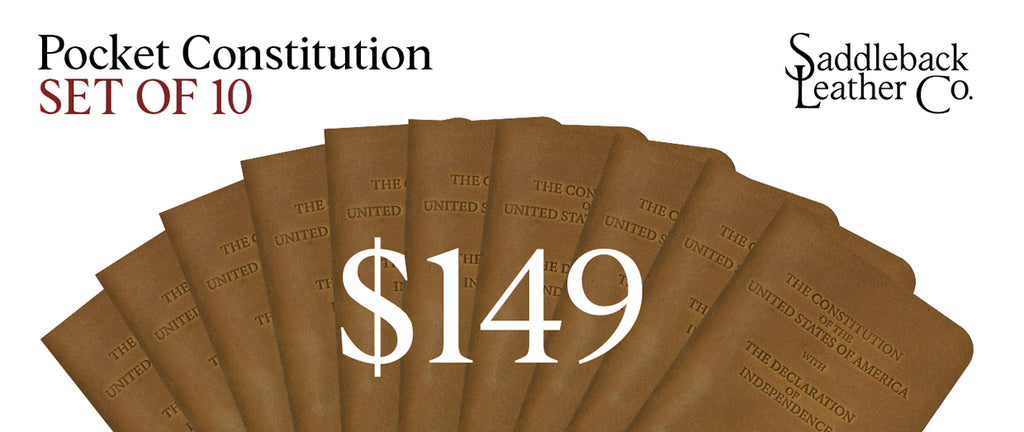 Pocket Declaration/Constitution Set of 10 in Tobacco fanned out, banner reading Pocket Constitution Set of 10, $149