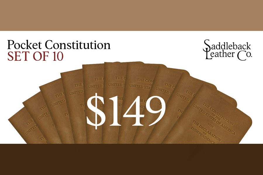 Pocket Declaration/Constitution Set of 10 in Tobacco fanned out, banner reading Pocket Constitution Set of 10, $149