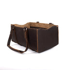 Range and Tool Tote in Dark Coffee Brown, open-top angled view with handles lowered